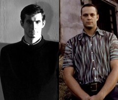 On left is Anthony Perkins as the original 'Norman Bates' in Alfred Hitchcock’s, ‘Psycho’ (1960), on right, ‘Vince Vaughn’ taking over the role as, ‘Norman Bates’ in Director Gus Van Sant’s remake of Hitchcock’s classic.